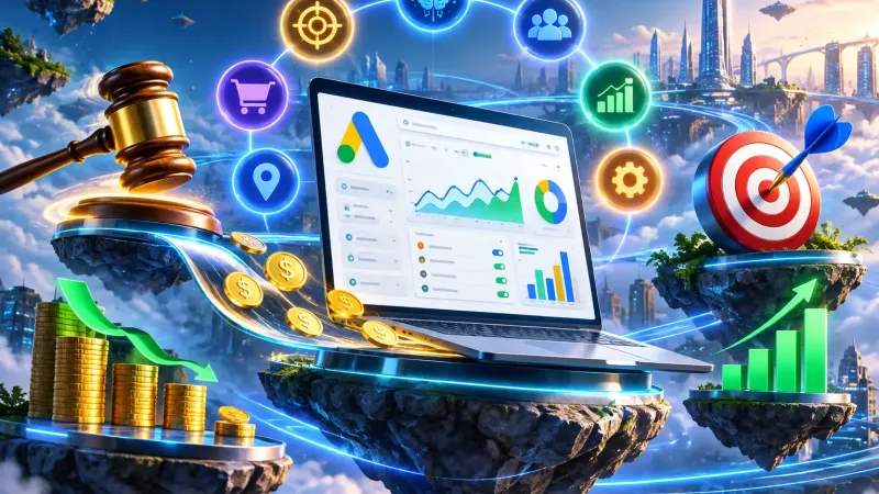 Illustration of a laptop with a Google Ads dashboard, an auction gavel, stacks of coins and a dartboard target