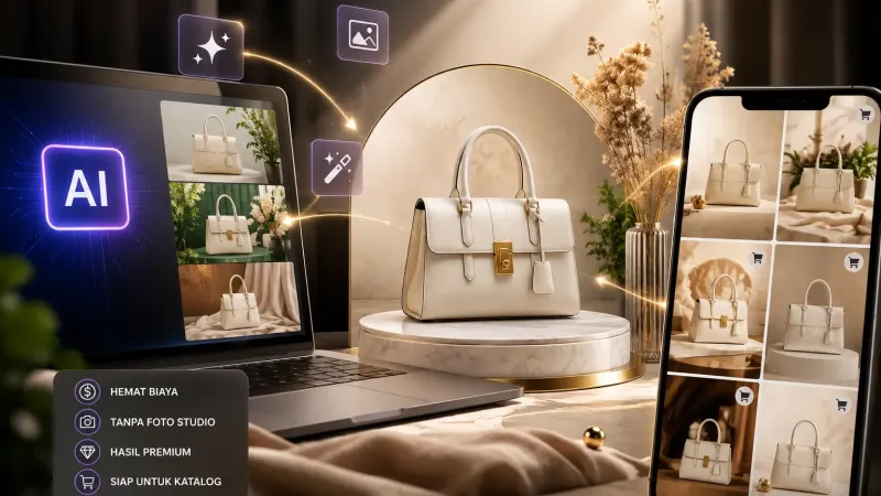 A cream handbag on a marble podium, with a laptop and phone showing AI-generated variations of the product photo