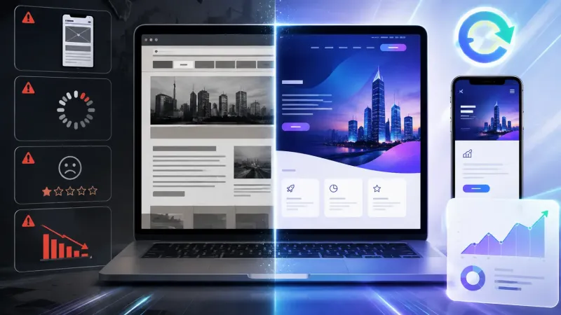 Laptop showing an old website on the left and a new design on the right, with warning icons and a rising chart