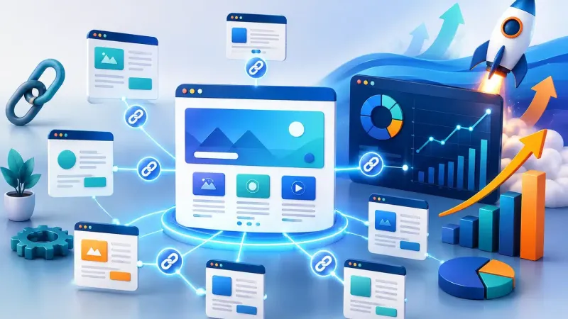 Illustration of a website's main page connected to many other pages by link icons, next to a rising traffic chart
