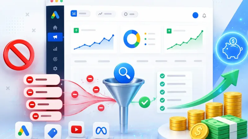 Illustration of a Google Ads dashboard with a funnel filtering out blocked keywords, a green checklist and stacks of coins