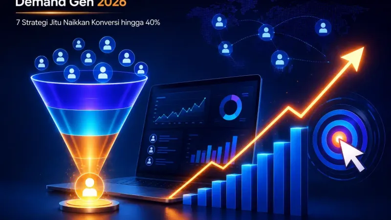 Illustration of a funnel full of user icons beside a laptop with charts, a rising bar chart and a target