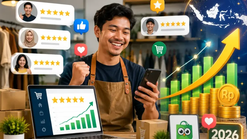 A smiling shop owner holding a phone, surrounded by five-star review cards, a laptop with a rising chart and stacks of coins