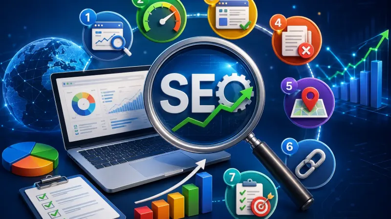 Illustration of a magnifying glass reading SEO, surrounded by seven numbered icons, a laptop with charts and a checklist