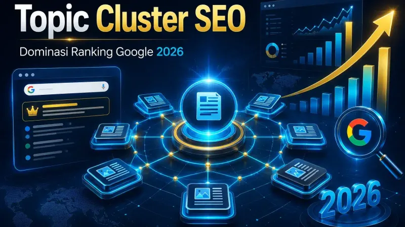 Topic cluster SEO illustration: a central pillar page linked to several cluster pages, with a rising traffic chart