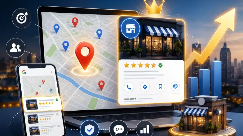 Illustration of a local ad on Google Maps: a map with location pins and a shop listing labelled Sponsored with star ratings