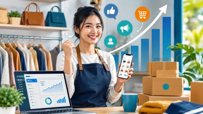 Pemilik usaha fashion tersenyum memegang ponsel berisi katalog tas, dengan laptop berisi grafik penjualan dan tumpukan paket