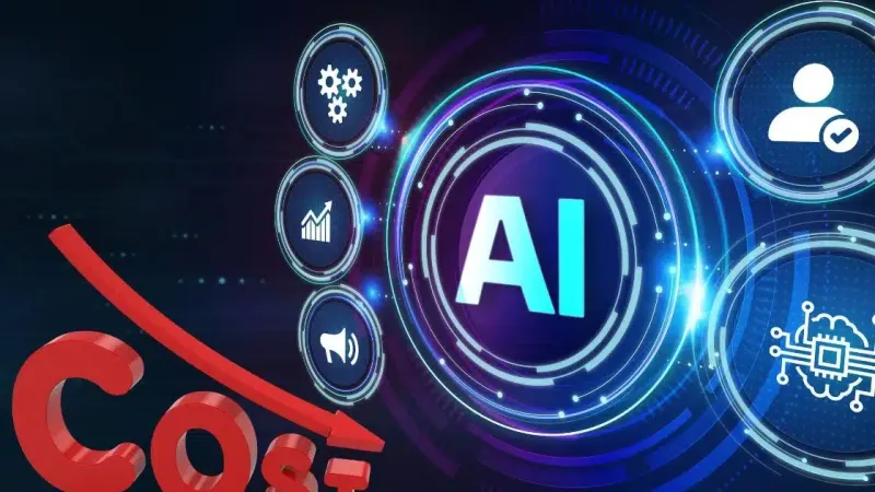Ikon AI bercahaya dikelilingi ikon otomatisasi, grafik, dan pelanggan, dengan tulisan Cost dan panah merah menurun