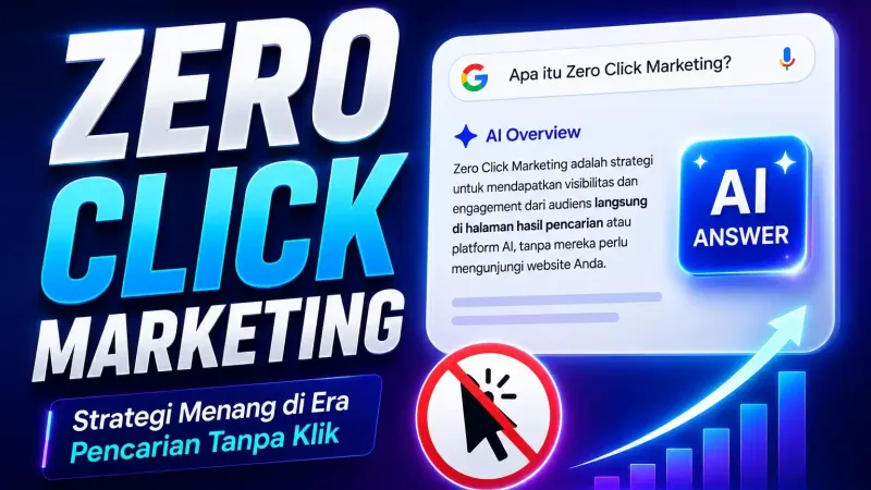 Ilustrasi tulisan Zero Click Marketing di samping kotak AI Overview Google dan ikon larangan klik