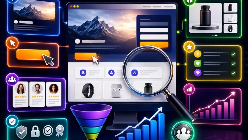 Ilustrasi landing page di layar monitor dengan tombol CTA, testimoni, ikon keamanan, corong konversi, dan grafik yang naik