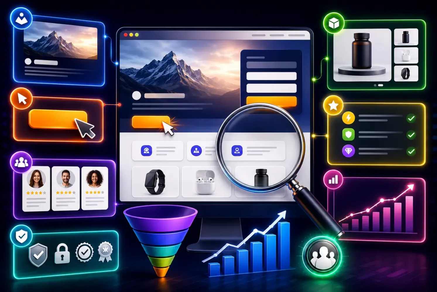 Illustration of a landing page on a monitor with a CTA button, testimonials, trust badges, a funnel and rising charts