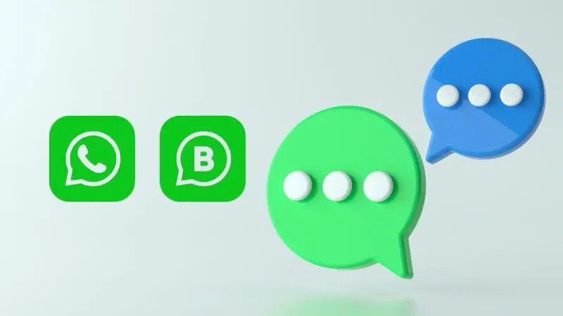 Ikon WhatsApp dan WhatsApp Business di samping dua gelembung chat berwarna hijau dan biru
