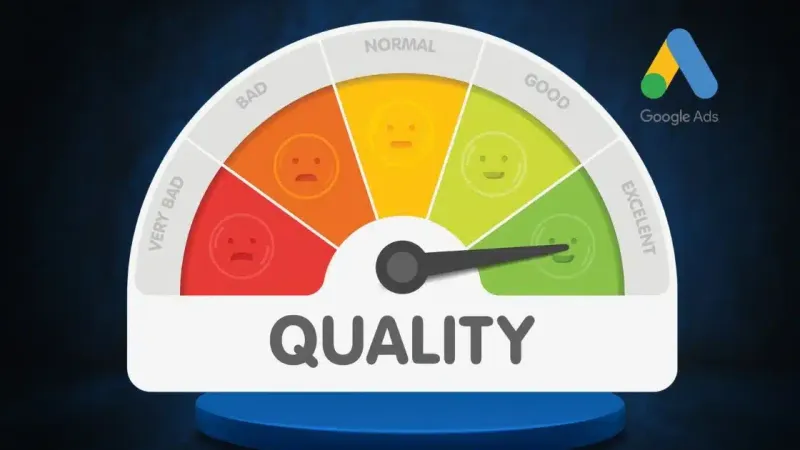 A quality gauge with the needle in the green Excellent zone and the Google Ads logo in the top right corner