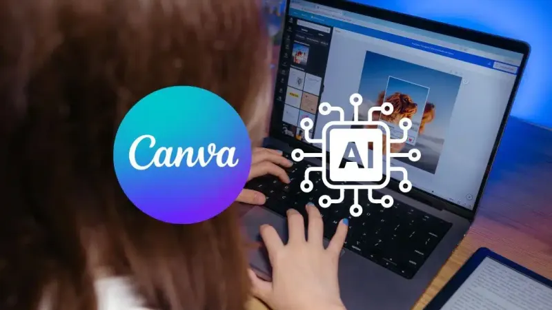 Person editing a design in Canva on a laptop, with the Canva logo and an AI icon in front