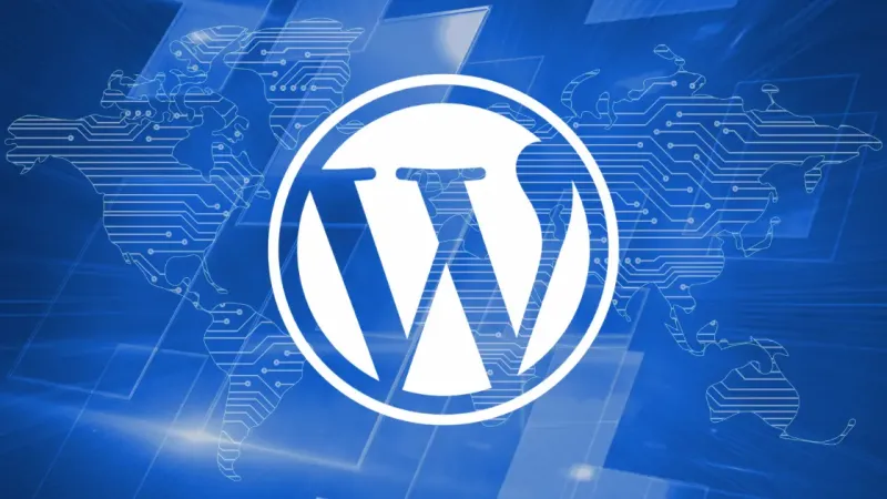 Logo WordPress di atas peta dunia bergaya jalur sirkuit dengan latar biru