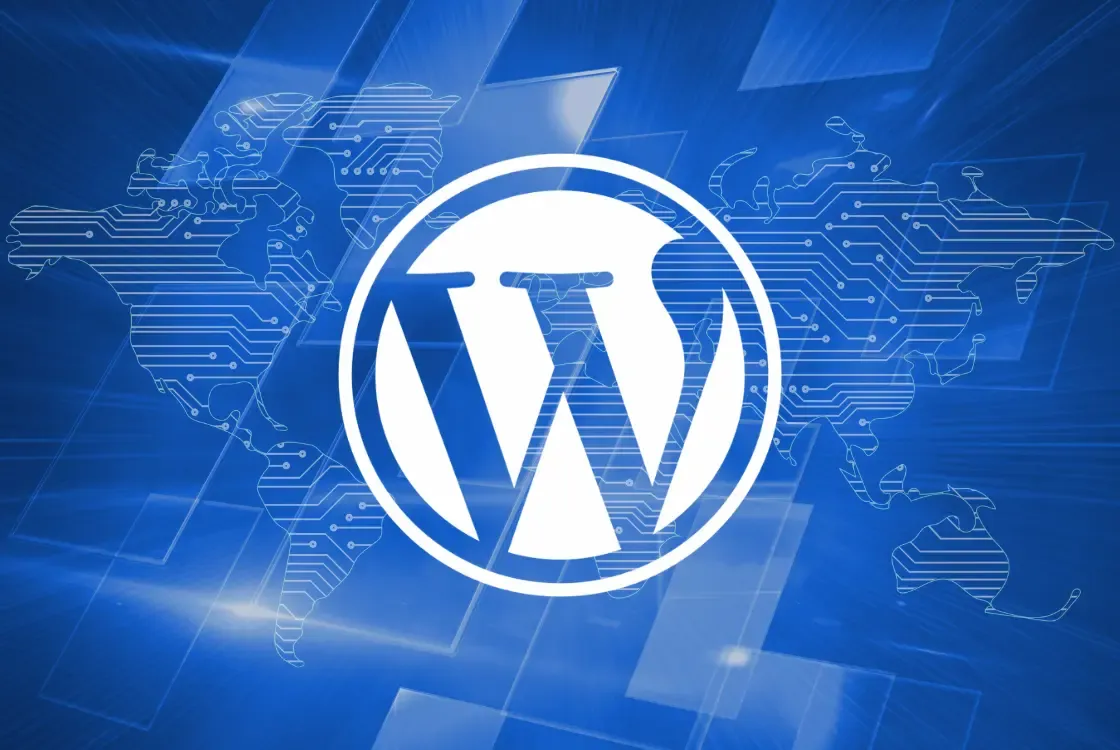 WordPress logo over a world map drawn in circuit lines on a blue background