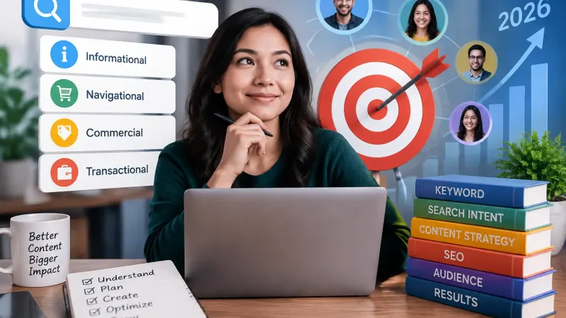 A woman thinking in front of a laptop, beside labels reading informational, navigational, commercial and transactional