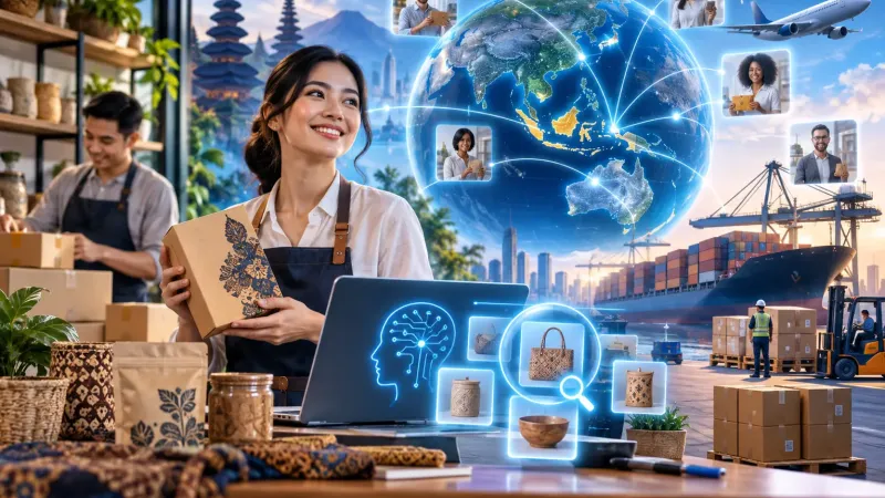 Illustration of a small business owner with crafts and an AI laptop, a globe, overseas buyers and a container port