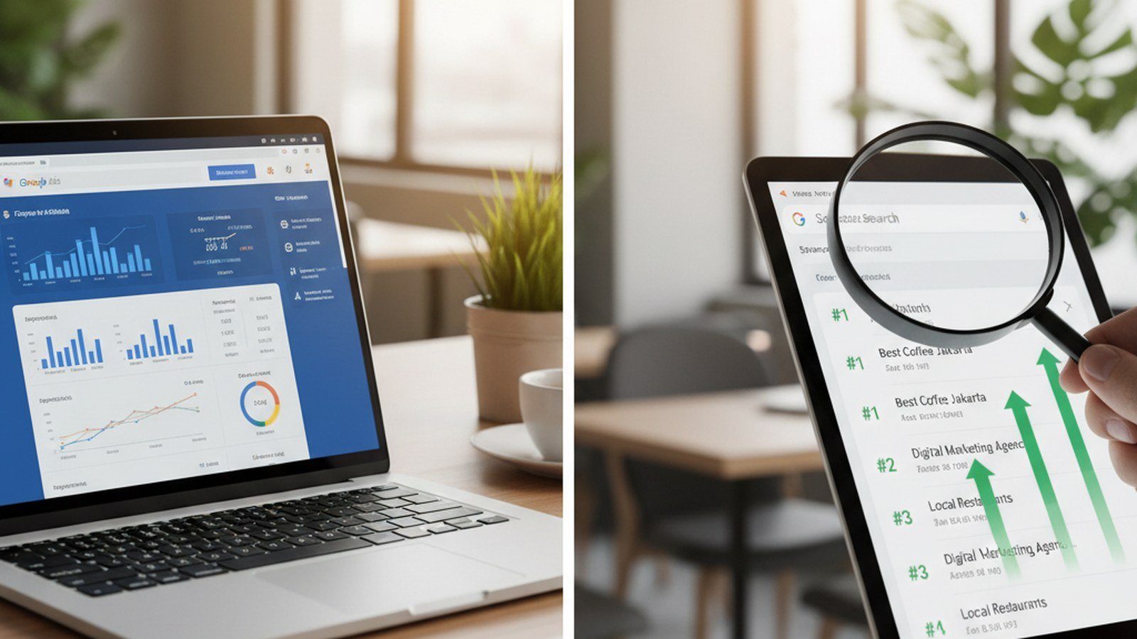 Perbandingan visual Google Ads dan SEO sebagai dua strategi digital marketing untuk bisnis Indonesia