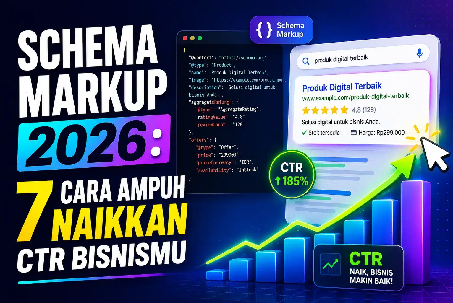 buatkan saya thumbnail berukuran 1120x750 ntuk gambar artikel yang ada di bog website saya dengan judul artikel "Schema Markup 2026: 7 Cara Ampuh Naikkan CTR Bisnismu" buat gambarnya menarik dan buat gambarnya merepresentasikan judul artikel dengan gambar.